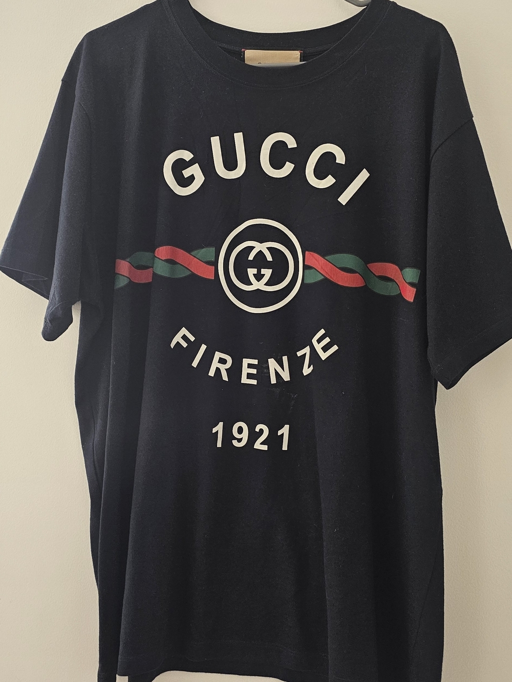 Gucci Black Tee with Green and Red Stripe Logo